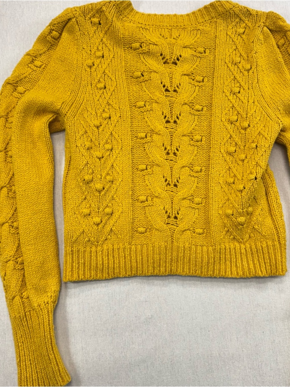 Anthropologie Mustard Yellow Cable Knit Puff Sleeve Cardigan Sweater Sz M - Picture 13 of 15